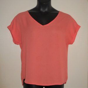 Coral Pink Sheer Polyester Vneck Short Sleeve Top